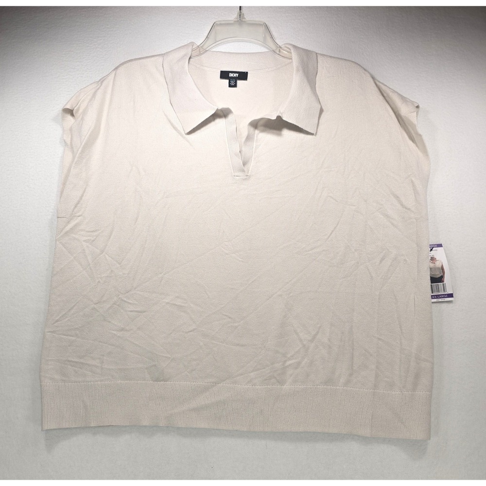 DKNY Womens Birch Cream Sleeveless Collared Sweater Vest XXL E0GR0416‎ NWT